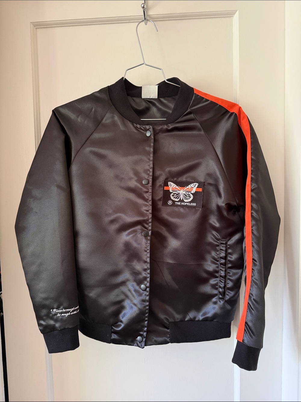Halsey Tour MercBlack Satin Bomber Jacket with Orange Stripe and Butterfly Patch